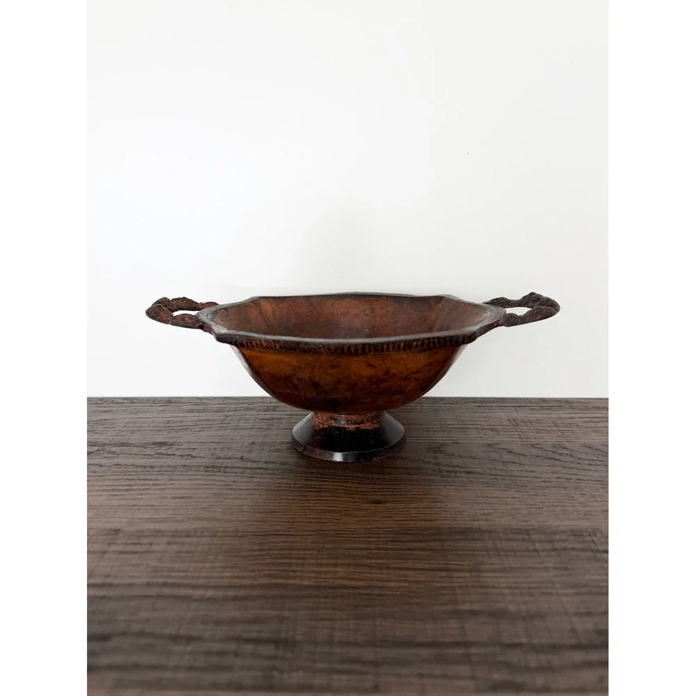Vintage Metal Rustic Farmhouse Distressed Rose Handle Detailing Footed Bowl Dish